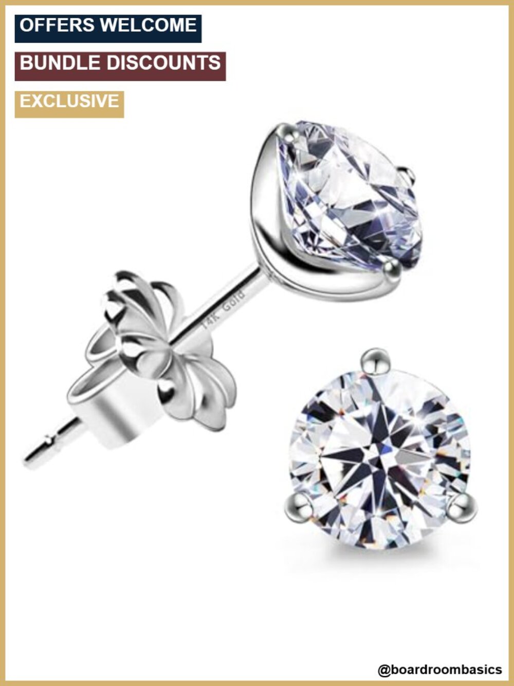 14K Gold Post Sterling Silver Simulated Diamond CZ Stud Earrings